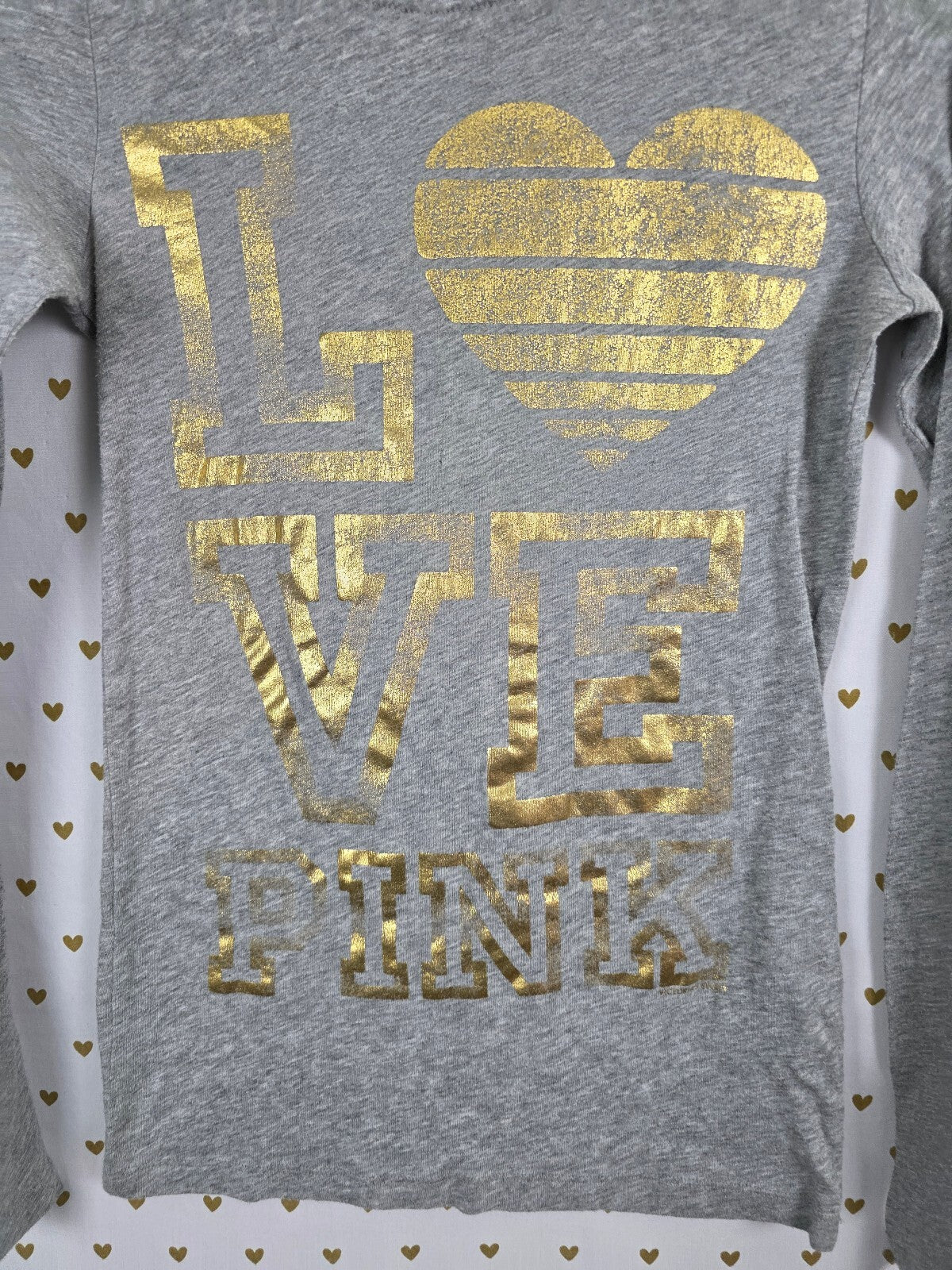 Victorias Secret PINK Vintage Gold Logo LOVE Long Sleeve Tee shirt y2k Small