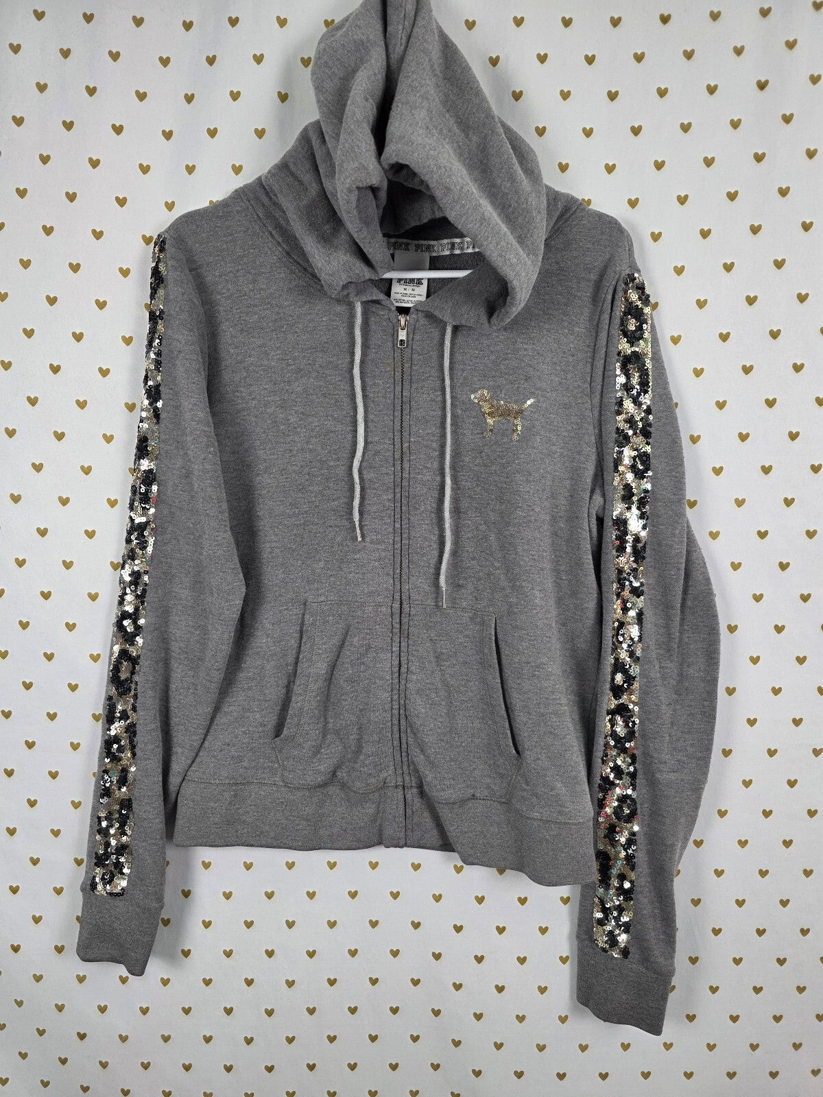 Victorias Secret Pink Leopard Cheetah BLING Sequined Medium Hoodie Jacket HTF