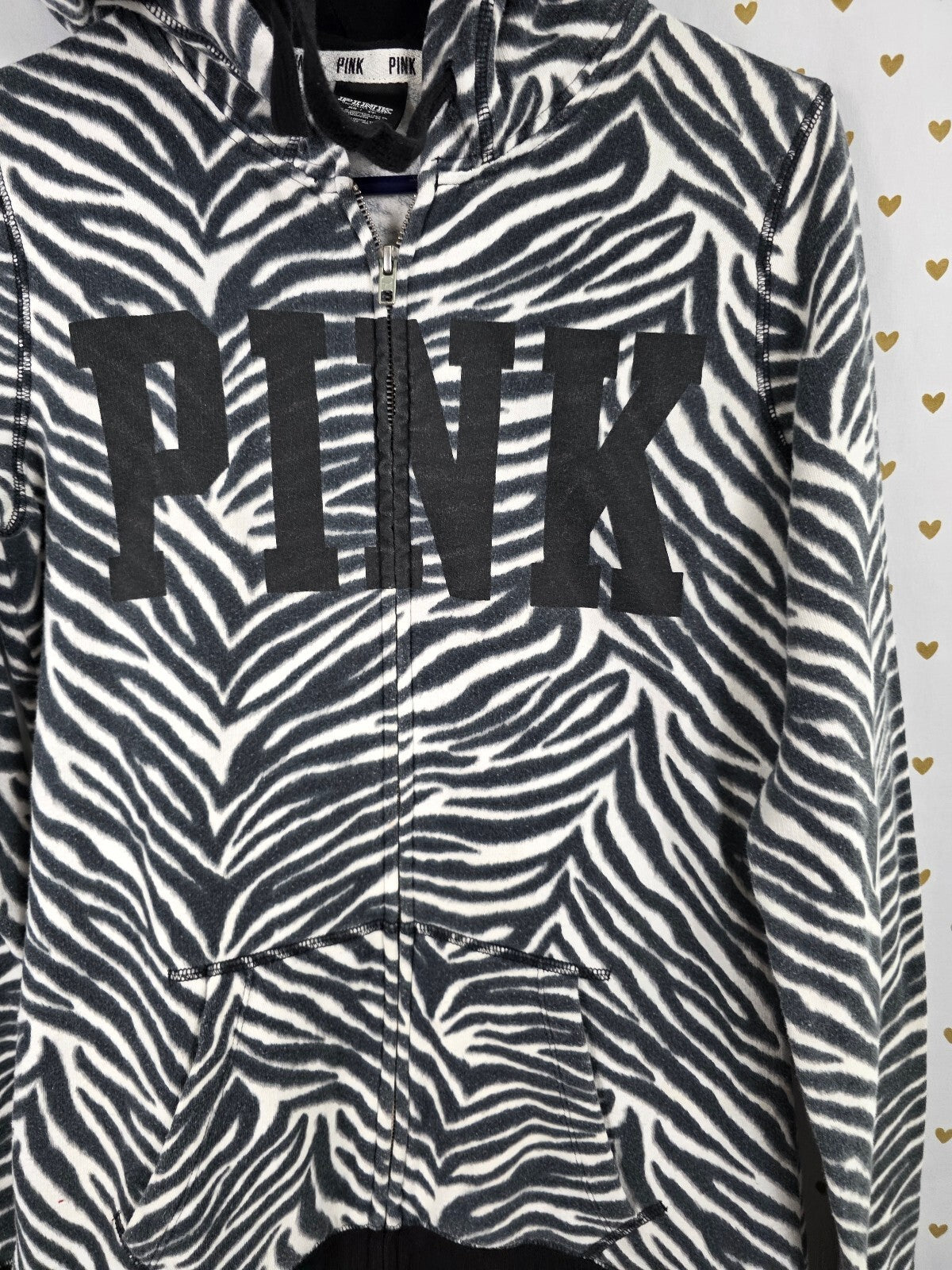 Victoria’s Secret PINK Zebra Print Full Zip Hoodie Black White XS Logo