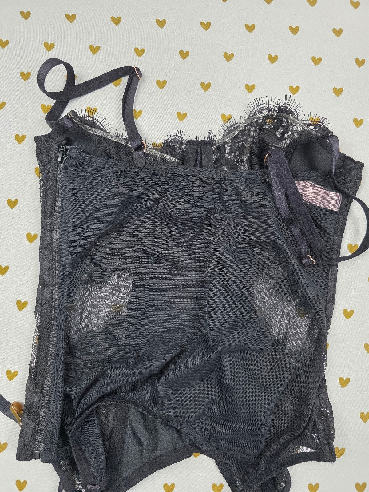 Victoria's Secret Black Lace Satin Bustier Corset Bodysuit 34C Sheer Lingerie