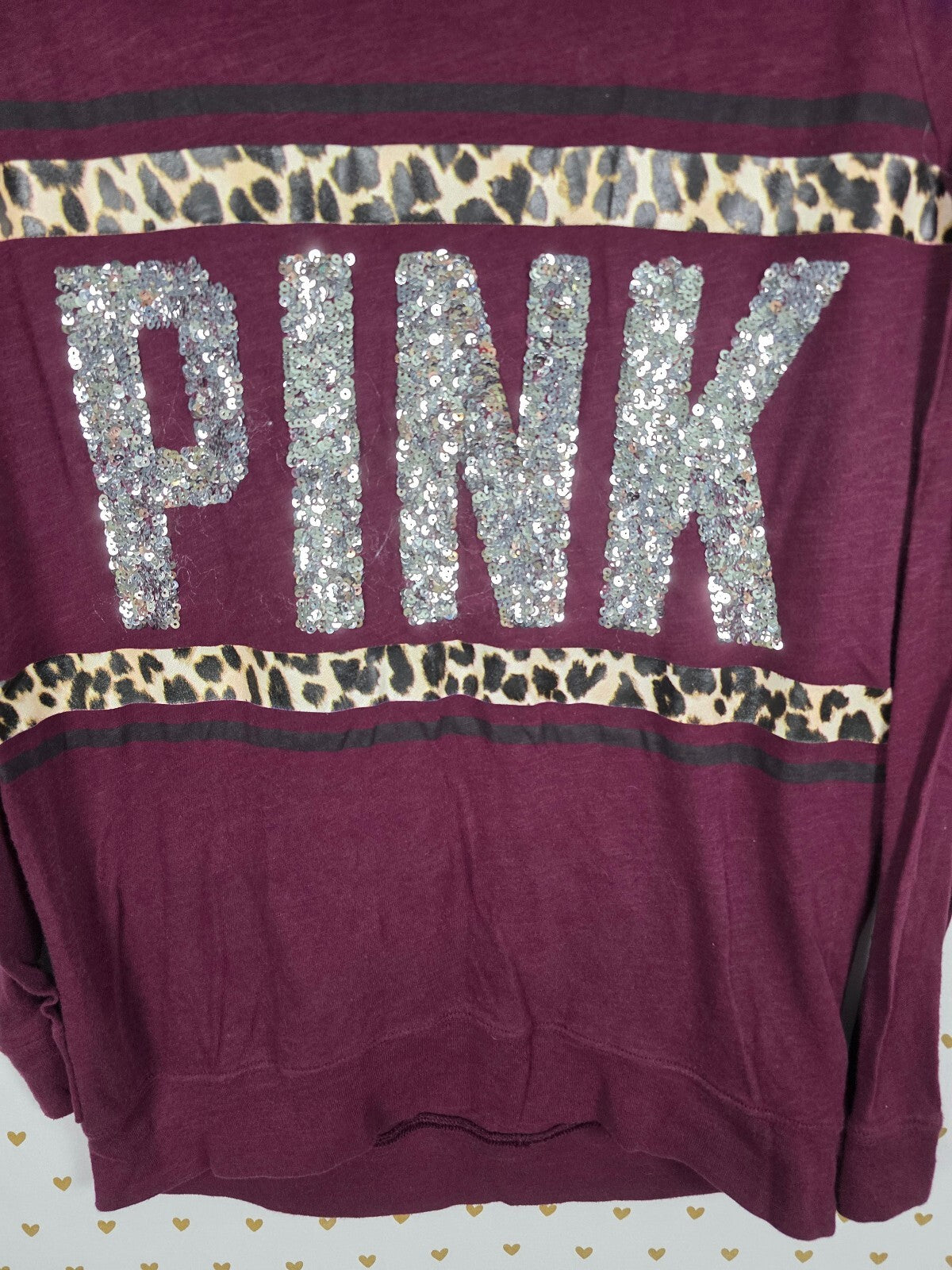 Victorias Secret PINK Bling Sequin Leopard Stripe Long Sleeve Tee shirt MEDIUM