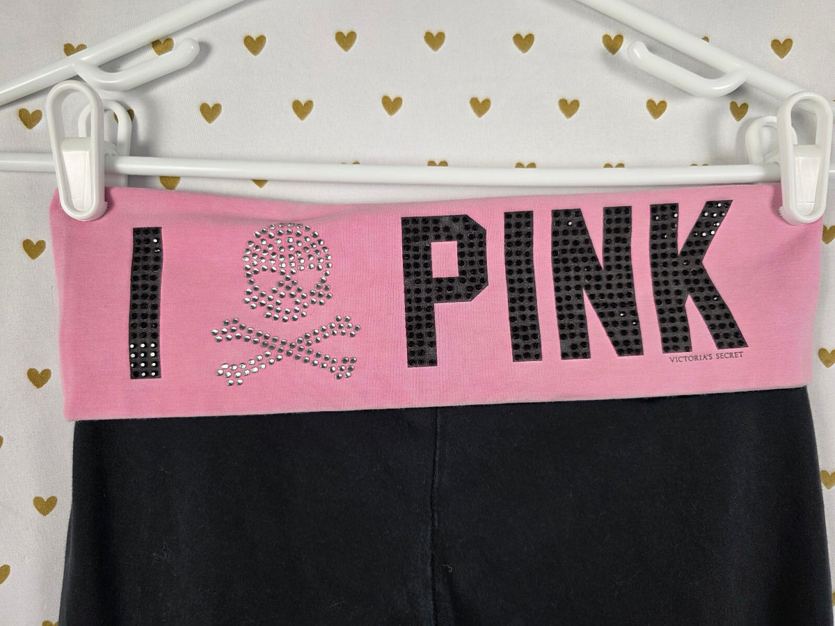 Victoria’s Secret PINK XS Skull Rhinestone BLING Foldover Yoga Pants RARE HTF