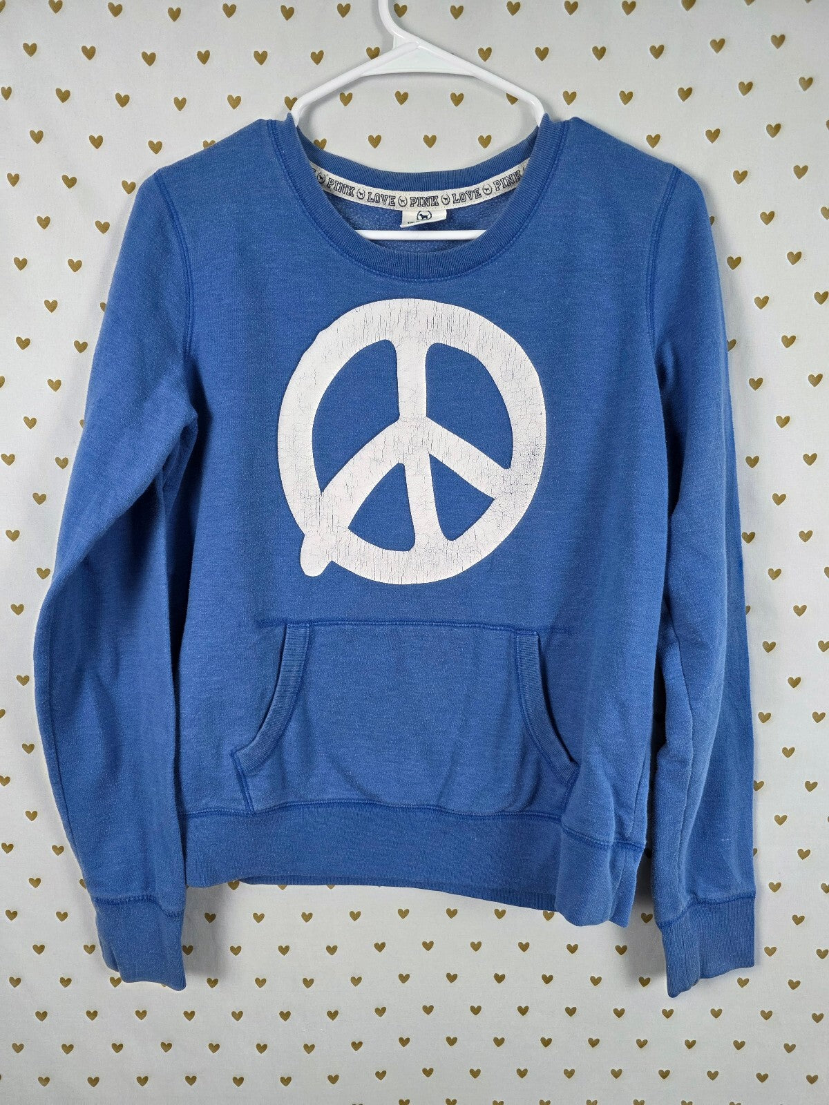 Victorias Secret Pink Vintage y2k PEACE Crew Sweater Logo Blue MEDIUM