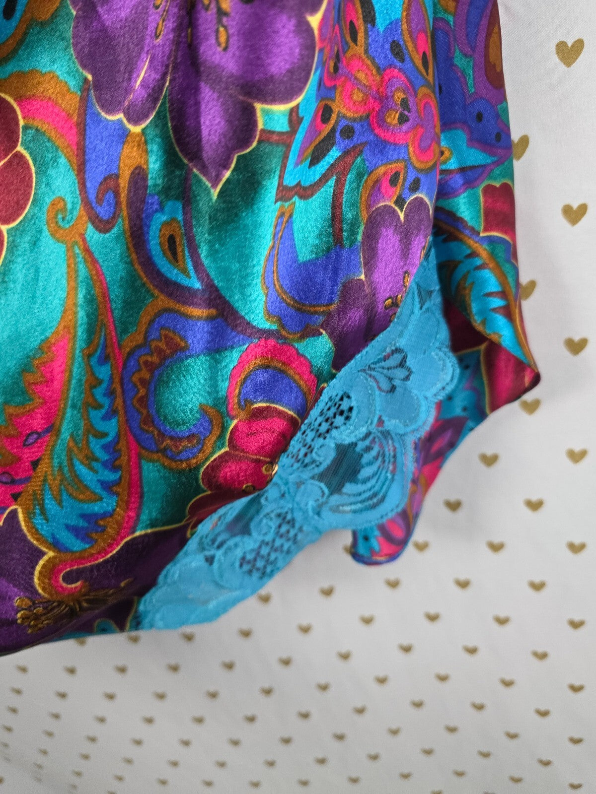Vintage Victoria's Secret Satin Chemise L Floral Paisley Turquoise Lace 90s
