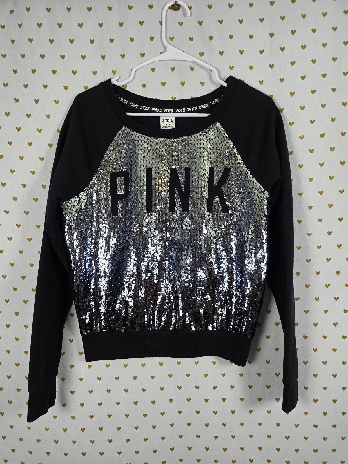 Victorias Secret Pink FULL BLING Sequined Logo Crew Sweater Shirt Medium