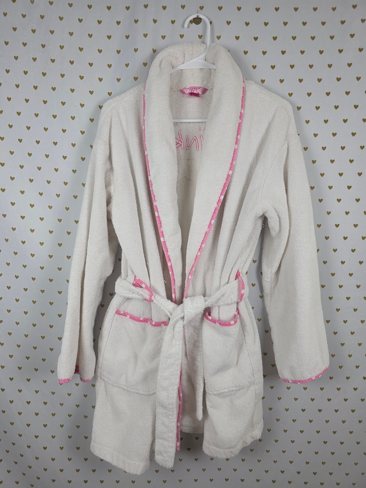 Victoria's Secret PINK Plush Terry Robe White Pink Polka Dot Dog M/L 2004