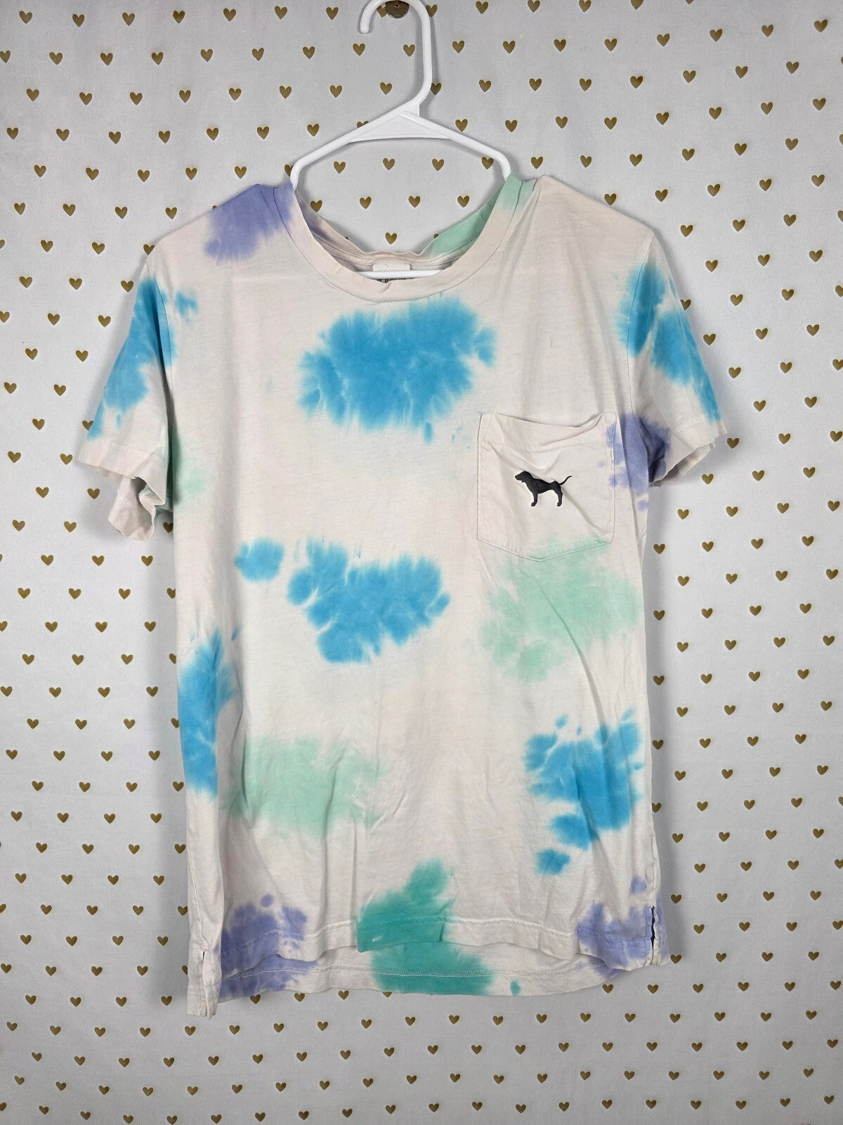 Victorias Secret PINK Tye Dye Pocket Tee Shirt Dog Logo SMALL