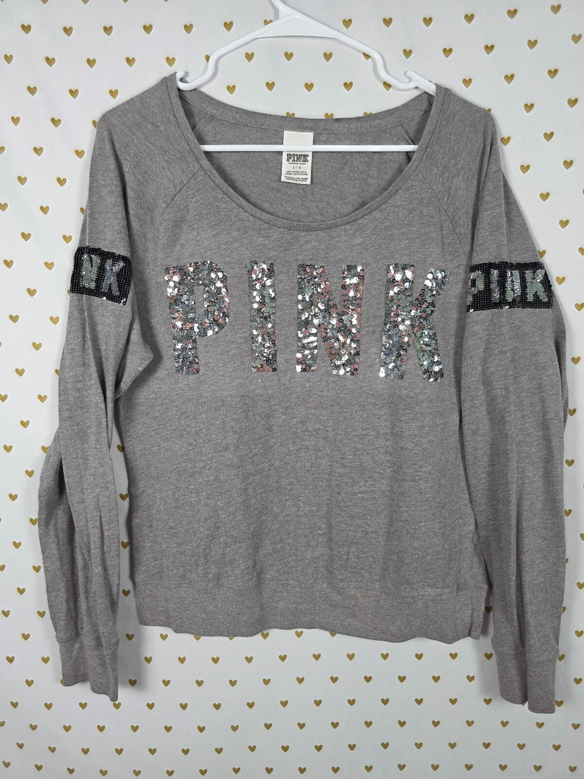 Victorias Secret PINK BLING logo Long sleeve Shirt Grey LARGE