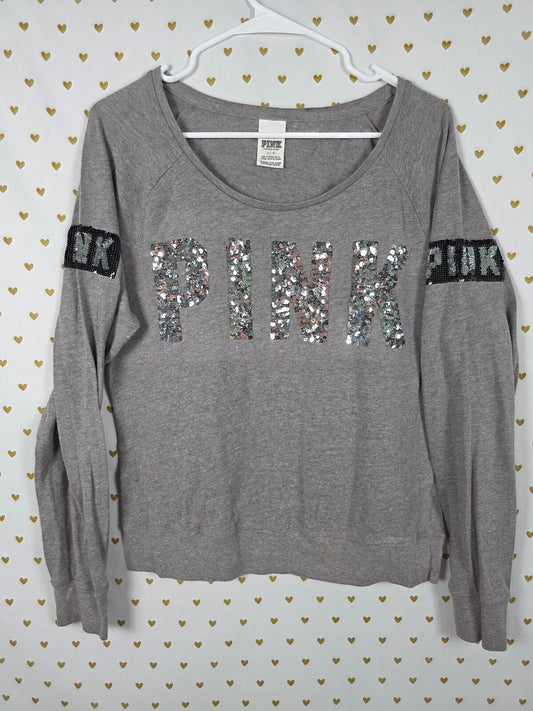 Victorias Secret PINK BLING logo Long sleeve Shirt Grey LARGE