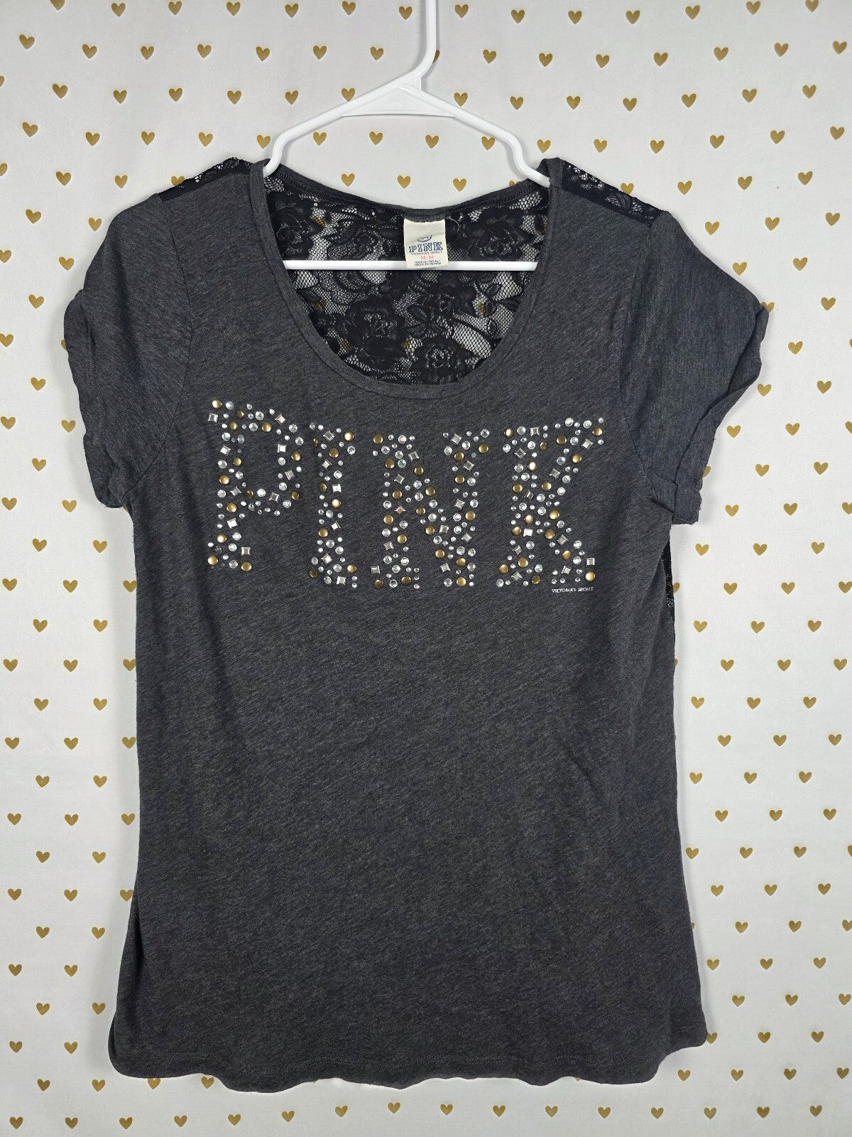 Victorias Secret PINK Vintage Studded Bling Lace Back Tee Shirt Y2k Medium