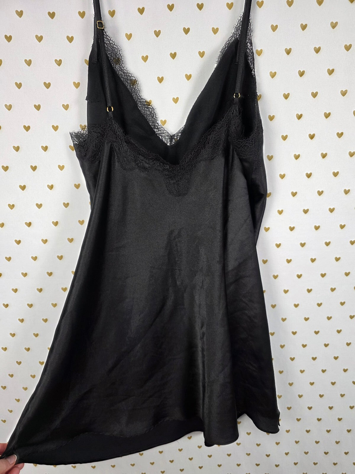 Victorias Secret Black Satin Slip Dress Lace accent LARGE Nightie Lingerie