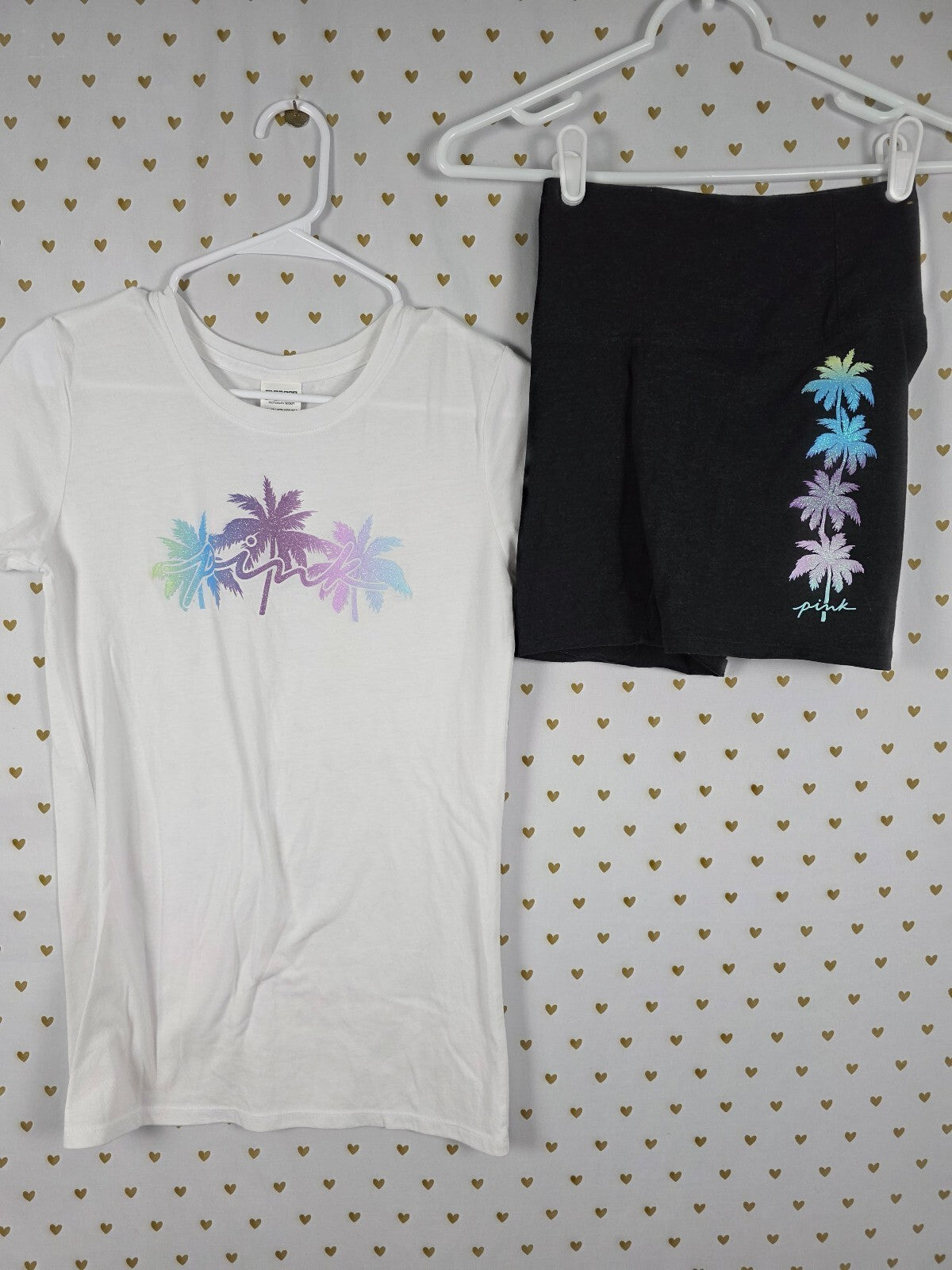 Victorias Secret PINK Glitter Palm Tee shirt Bike Shorts SET Xs 2pc