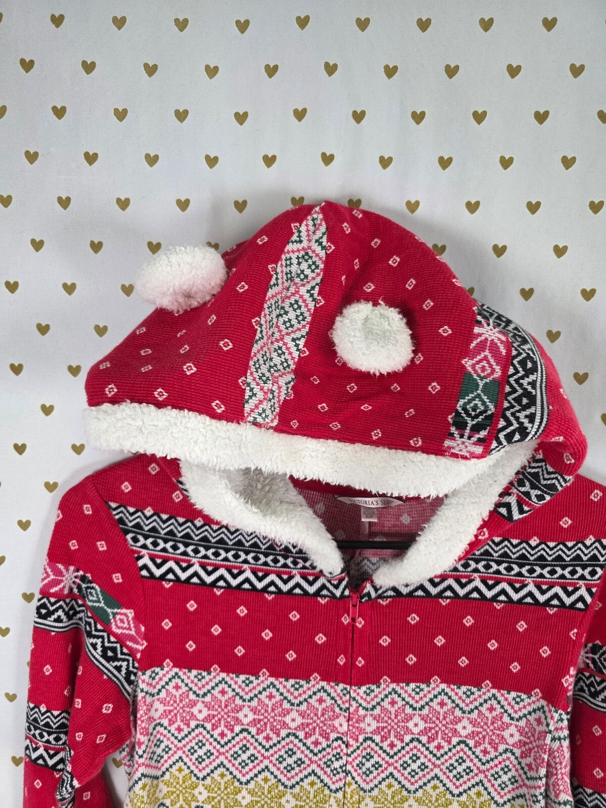 Victoria's Secret Fair Isle Pom Pom Hooded Onesie Pajamas S Christmas Thermal
