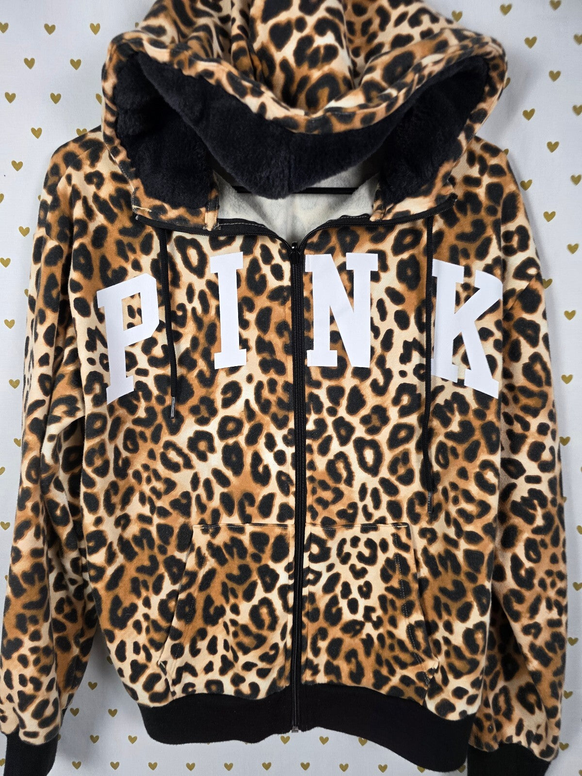 Victoria's Secret PINK Leopard Faux Fur Hoodie Full Zip Small S Rare