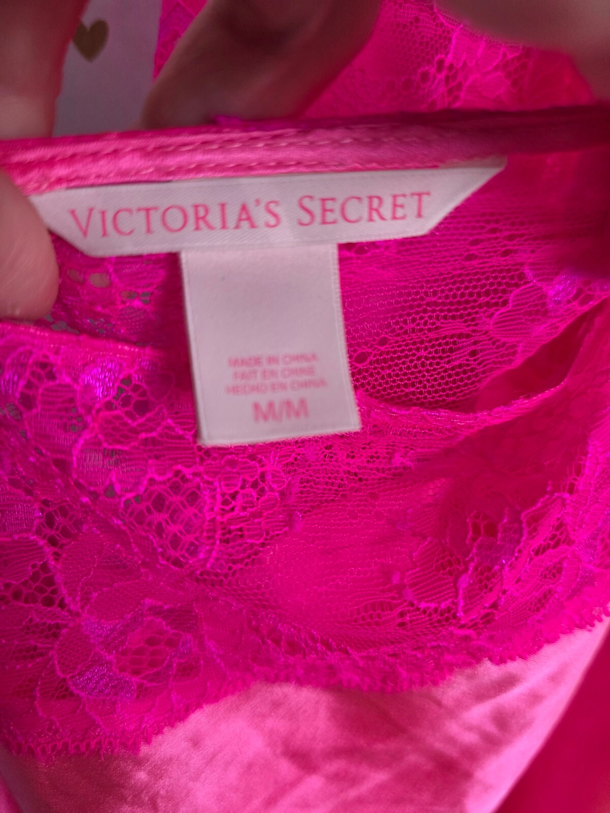 Victorias Secret Hot Pink Satin Slip Dress NIghtie Lingerie Lace Medium