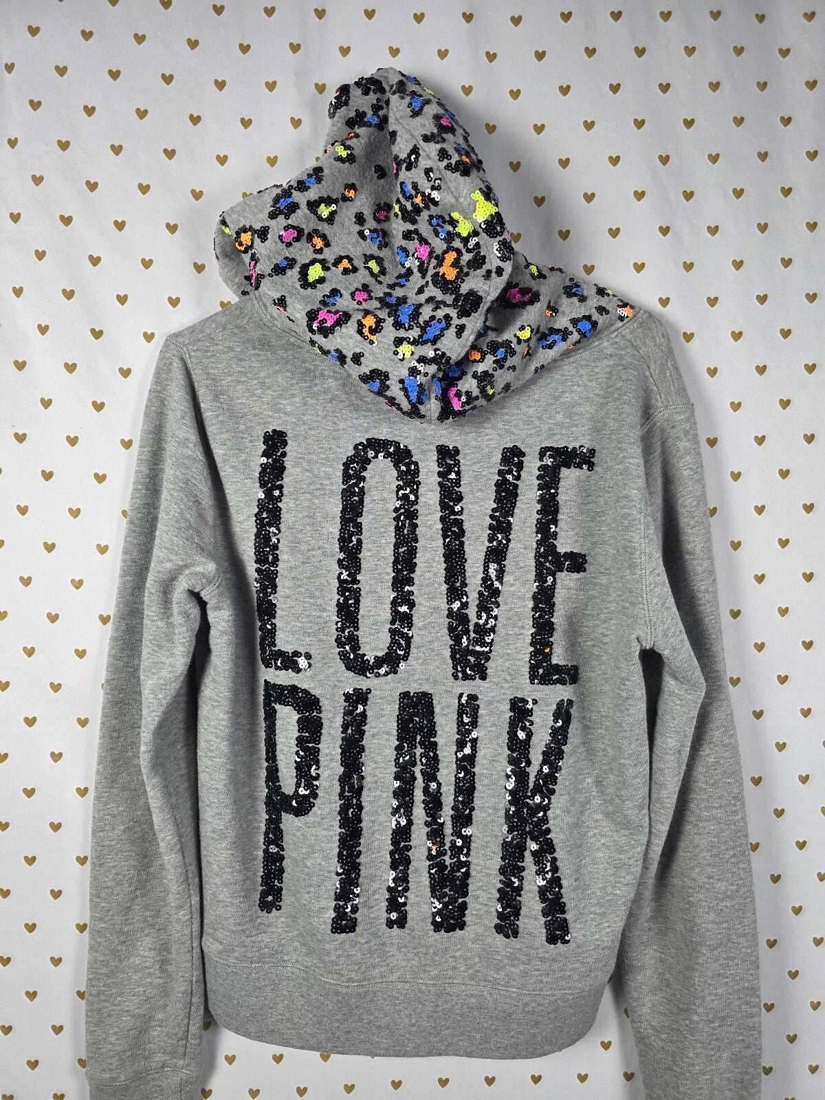 Victoria's Secret PINK Rare LIMITED Sequin Leopard Love Pink Zip Hoodie Gray M