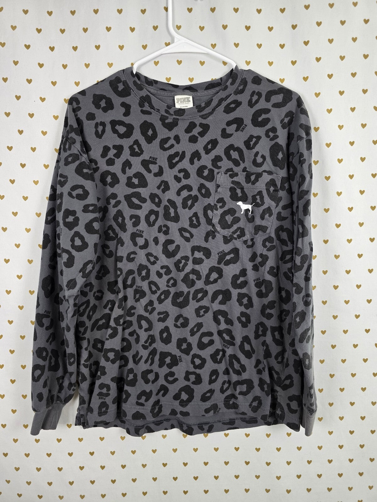 Victorias Secret PINK Grey Leopard Cheetah Dog Logo Pocket Tee shirt Medium