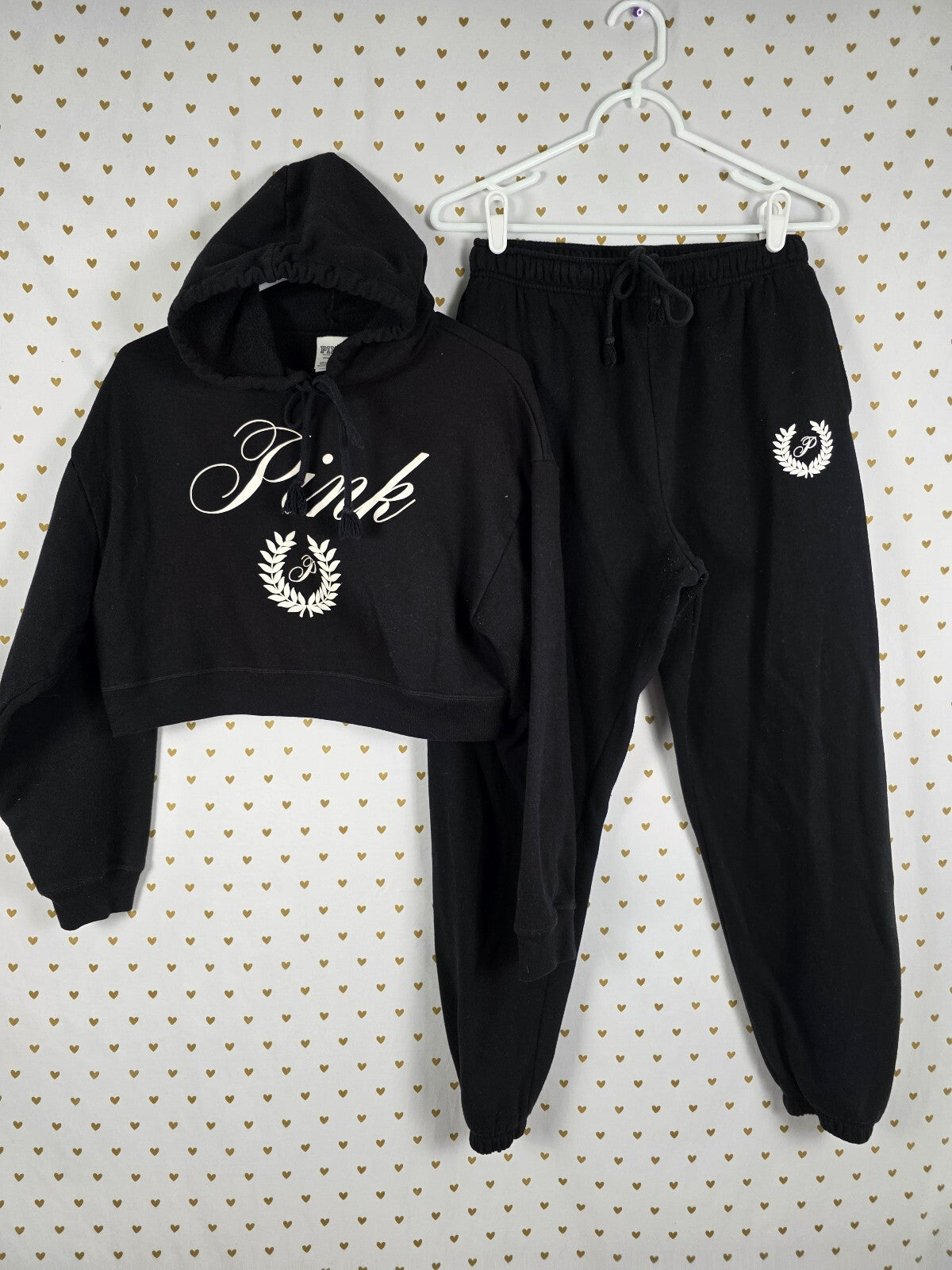 Victorias Secret Pink Crest Logo Cropped Sweater SET Sweatpants SMALL Hoodie