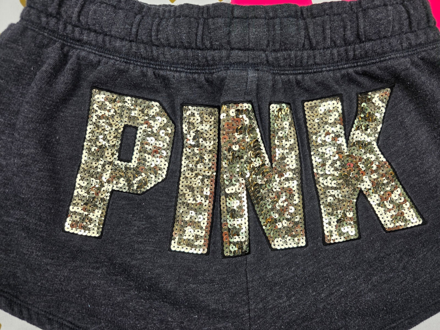 PINK Victoria's Secret Sequin Logo Lounge Shorts Gray Fleece Drawstring Small