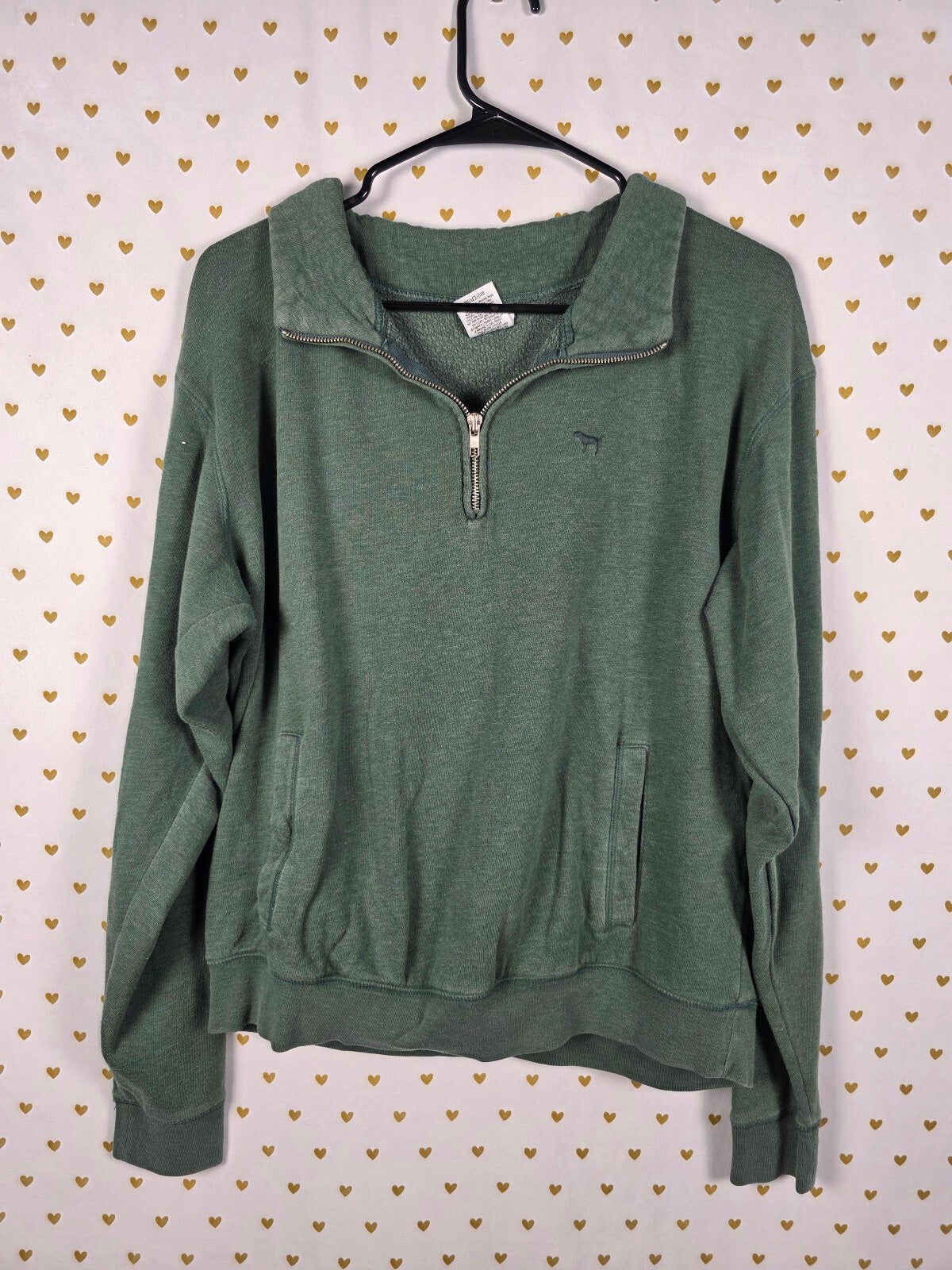 Victorias Secret Pink Embroidered Crest Logo Quarter zip sweater Green MEDIUM