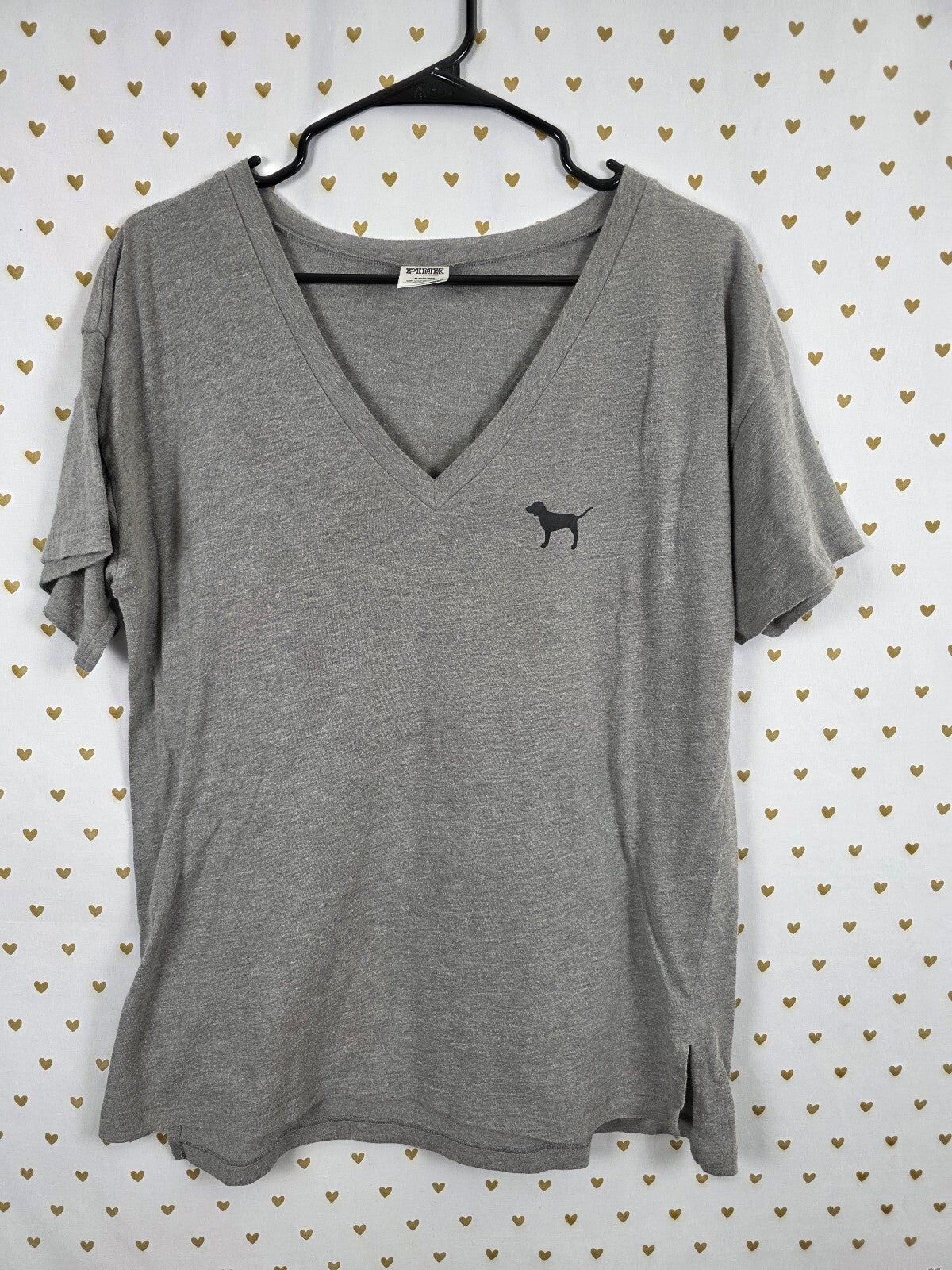 VS PINK Floral Dog Shirt M Gray V Neck Oversized Tee Hot Pink Logo