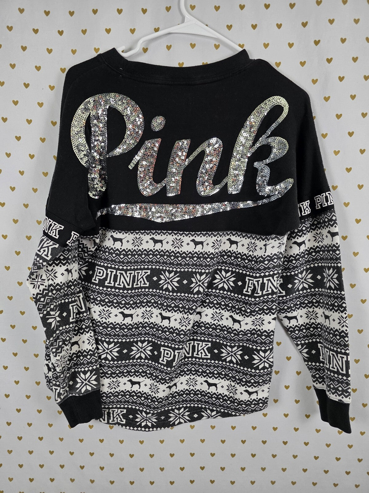 Victorias Secret Pink Bling Sequined Logo Winter Campus Sweater Shirt XS