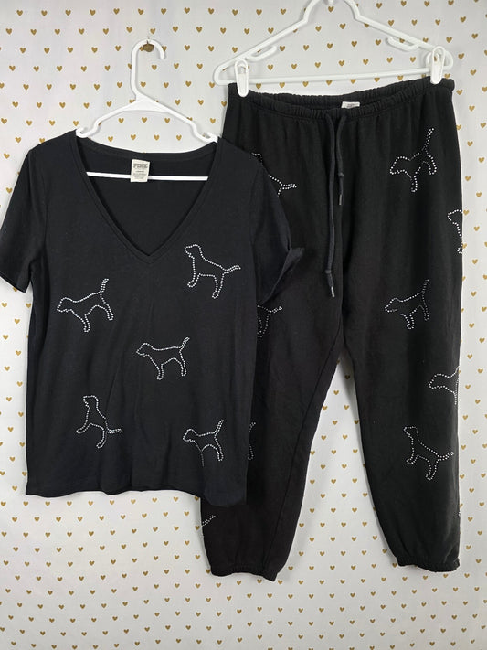 Victoria's Secret PINK Rhinestone Dog Tee Sweatpants Set Black BLING