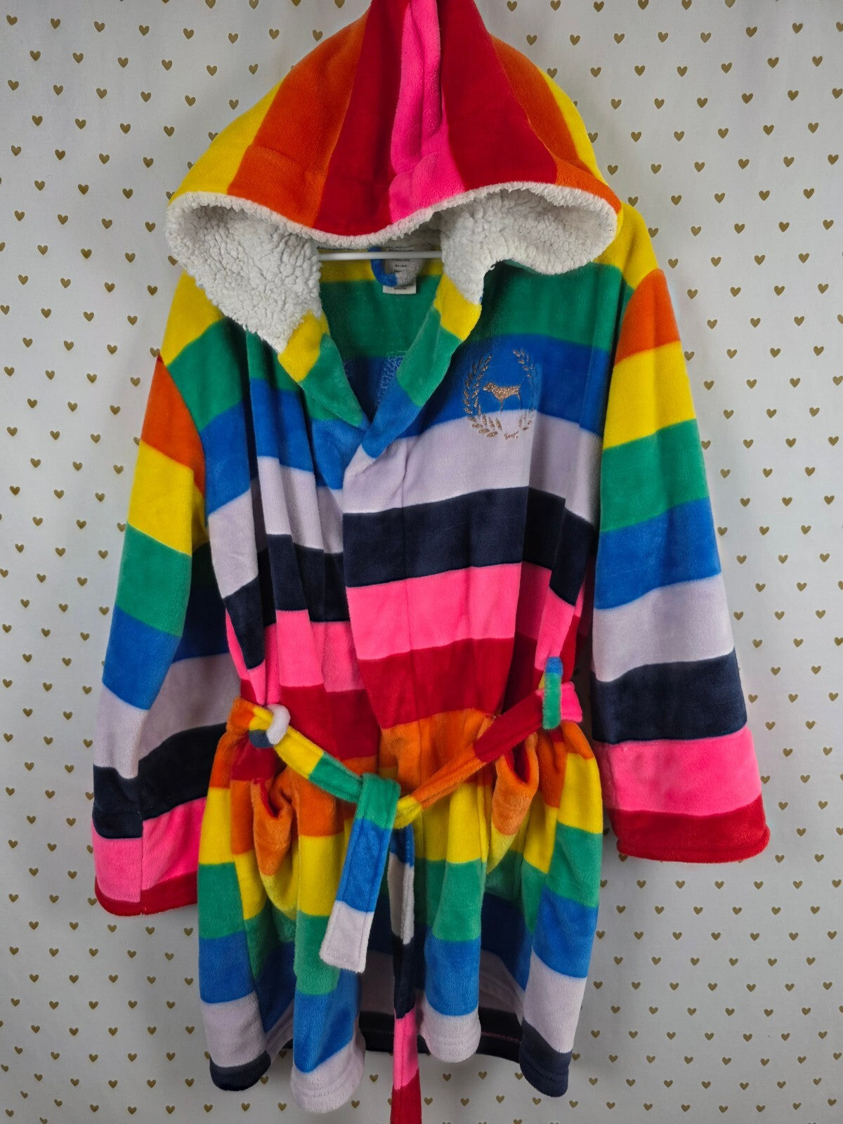 Victoria's Secret PINK Rainbow Stripe Gold Sequin Sherpa Hooded Robe M/L