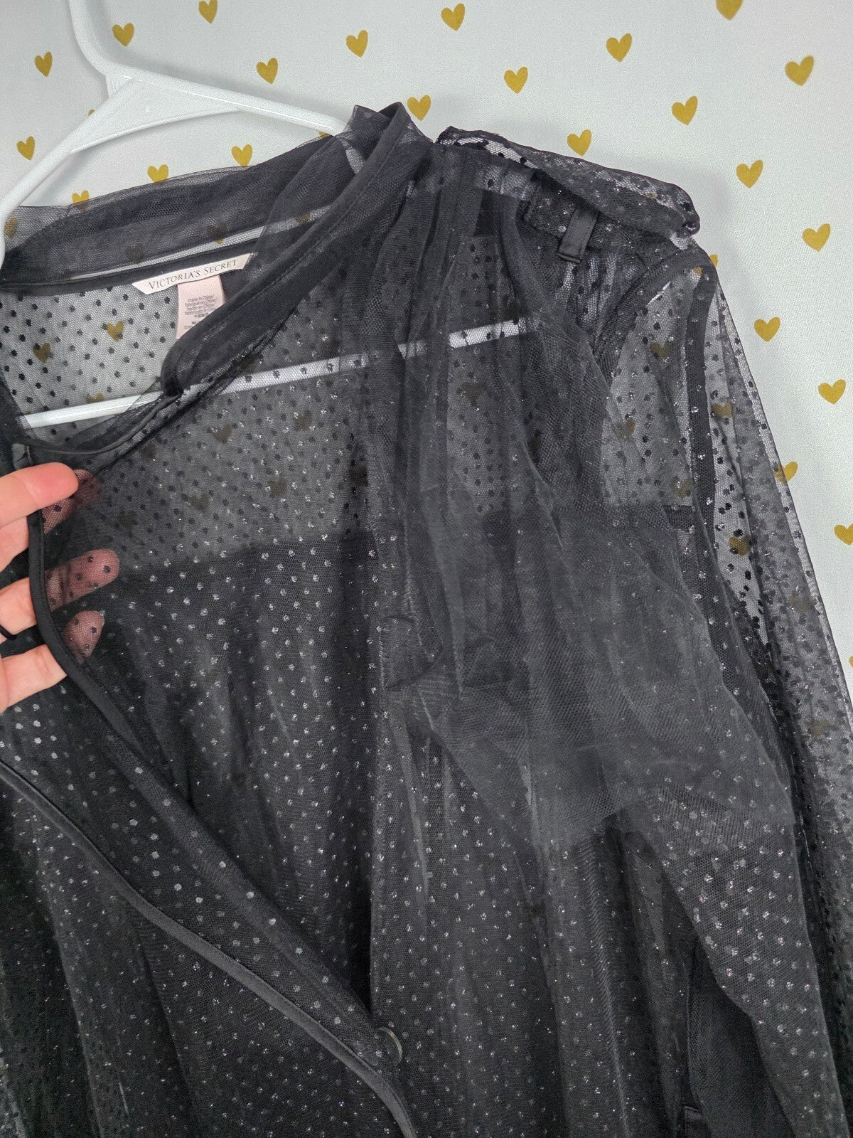 Victoria's Secret Black Sheer Tulle Maxi Robe M/L Polka Dot Ruffle Trench