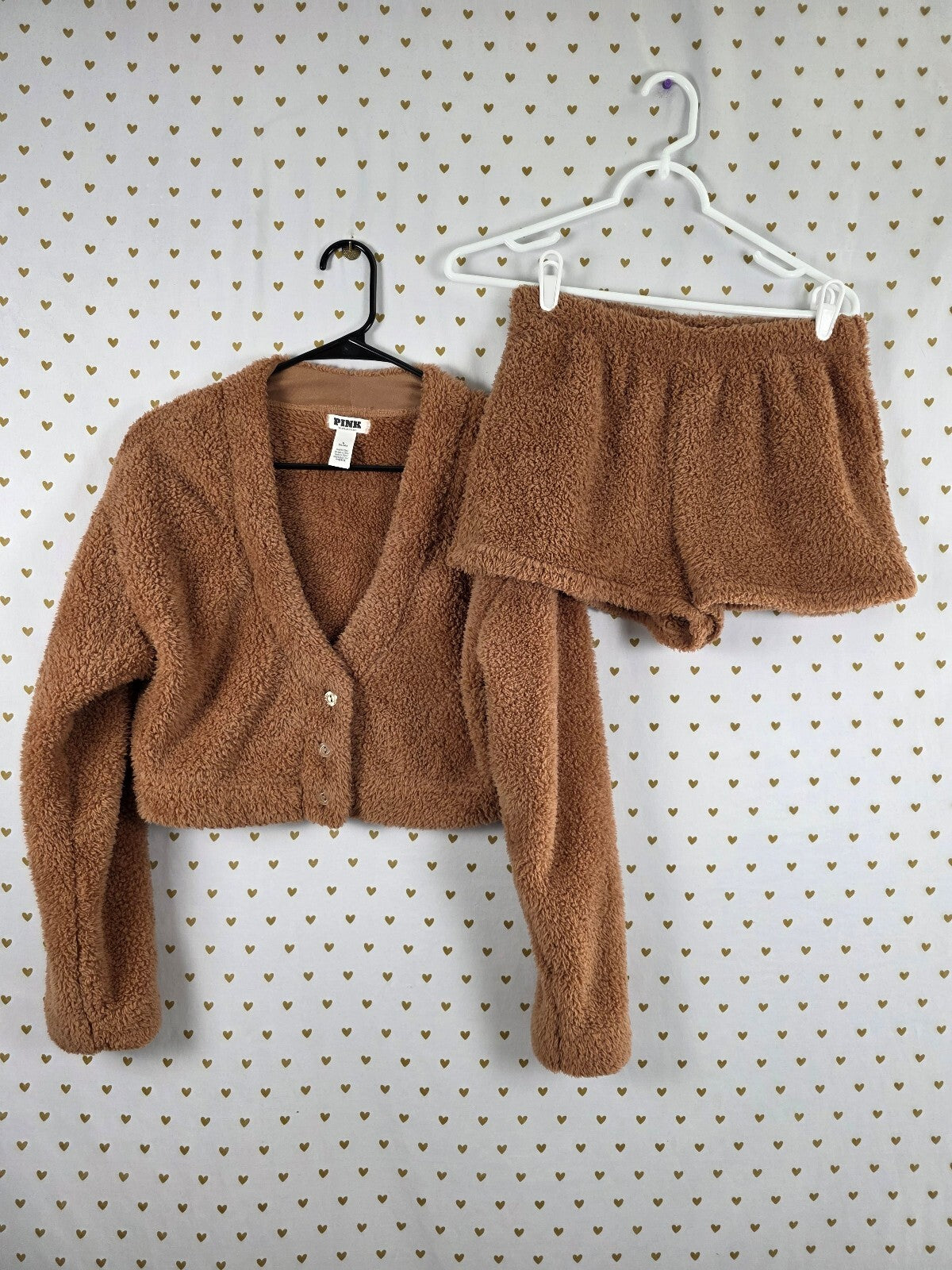 Victoria's Secret PINK Sherpa Teddy Fleece Cropped Cardigan Shorts 2 Piece Set