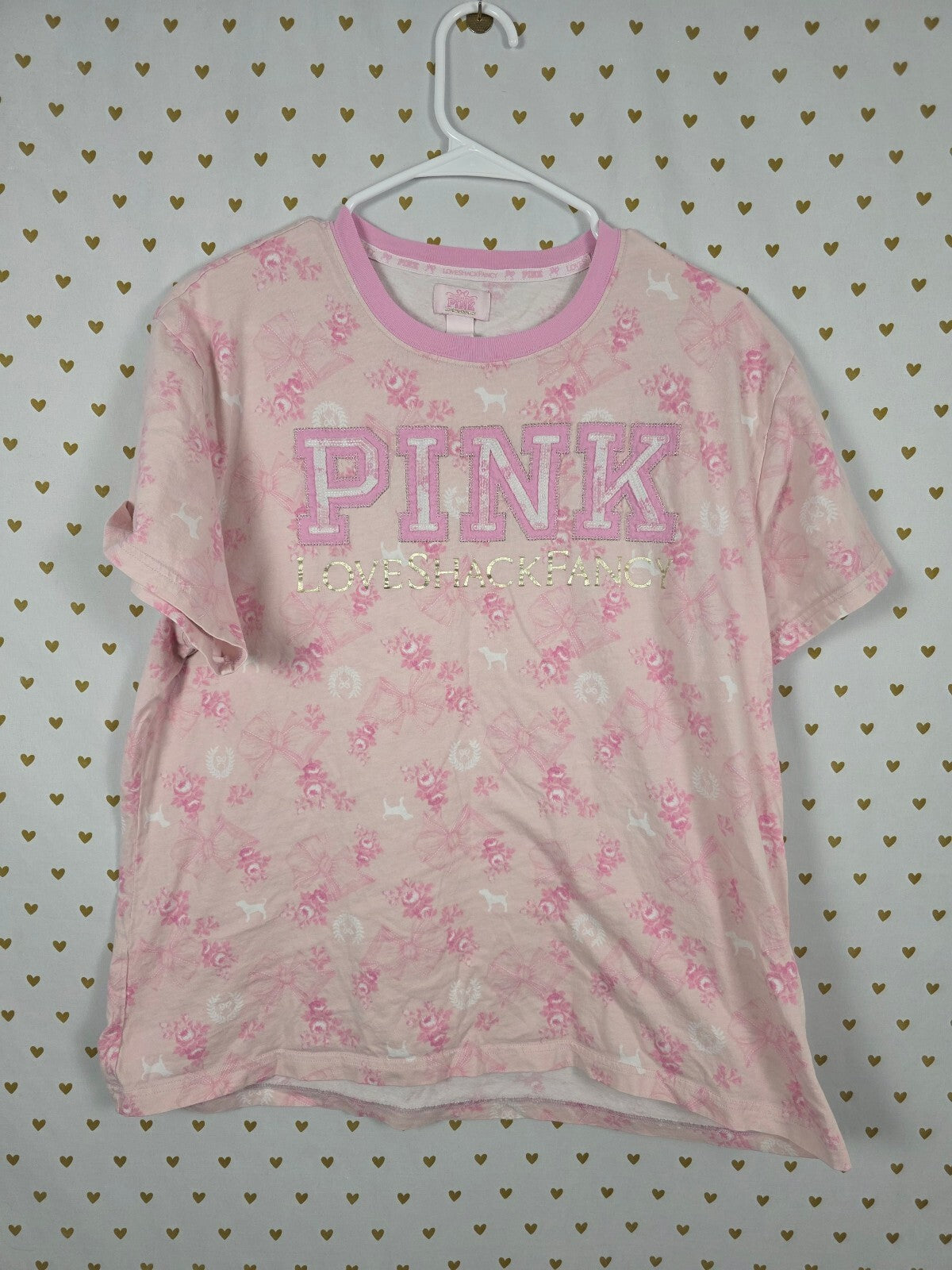 Victorias Secret PINK LOVESHACKFANCY Floral Campus Tee Large LOVESHACK Bows