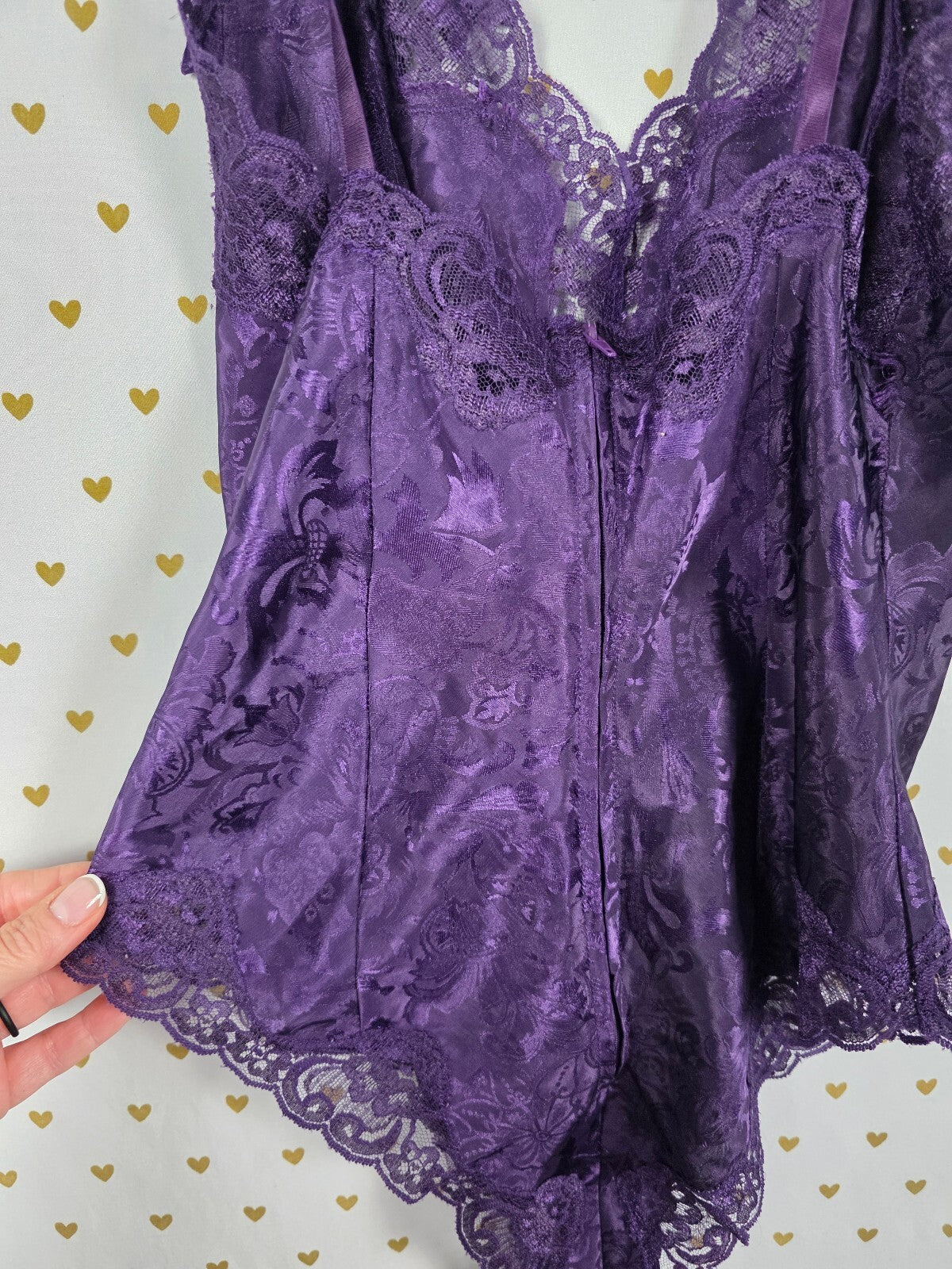 Vintage Victoria's Secret Gold Label Purple Jacquard Teddy Bodysuit S Bows