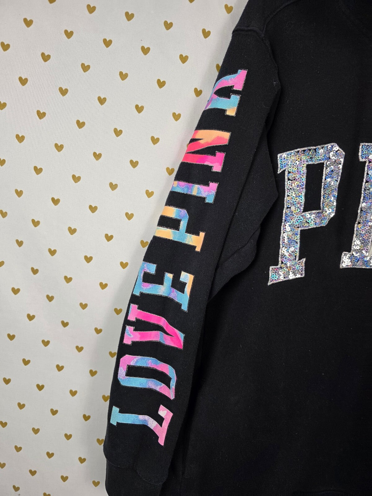 Victorias Secret Pink Watercolor BLING sequin Pullover Hoodie Sweater SMALL