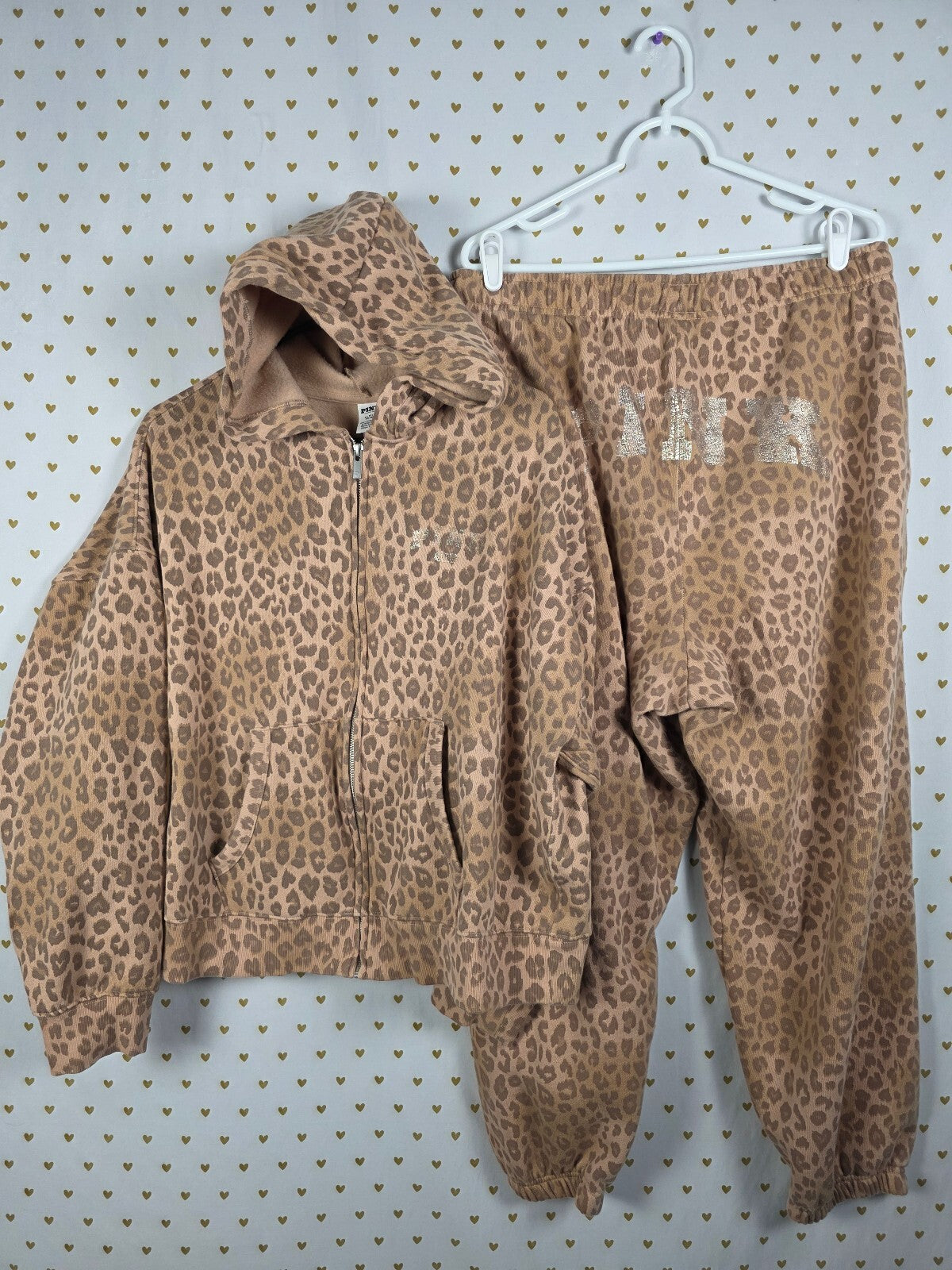 Victoria's Secret PINK Leopard Cheetah Print Hoodie Sweatpants Set XL Sweats