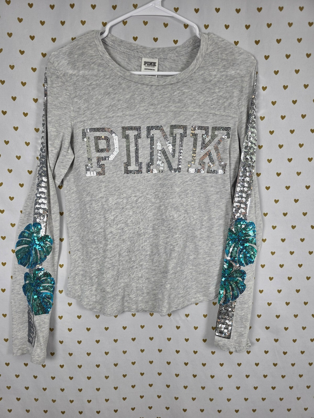 Victorias Secret PINK Palm BLING Logo XS Grey Long Sleeve Sequined Tee Shirt
