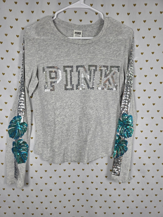 Victorias Secret PINK Palm BLING Logo XS Grey Long Sleeve Sequined Tee Shirt