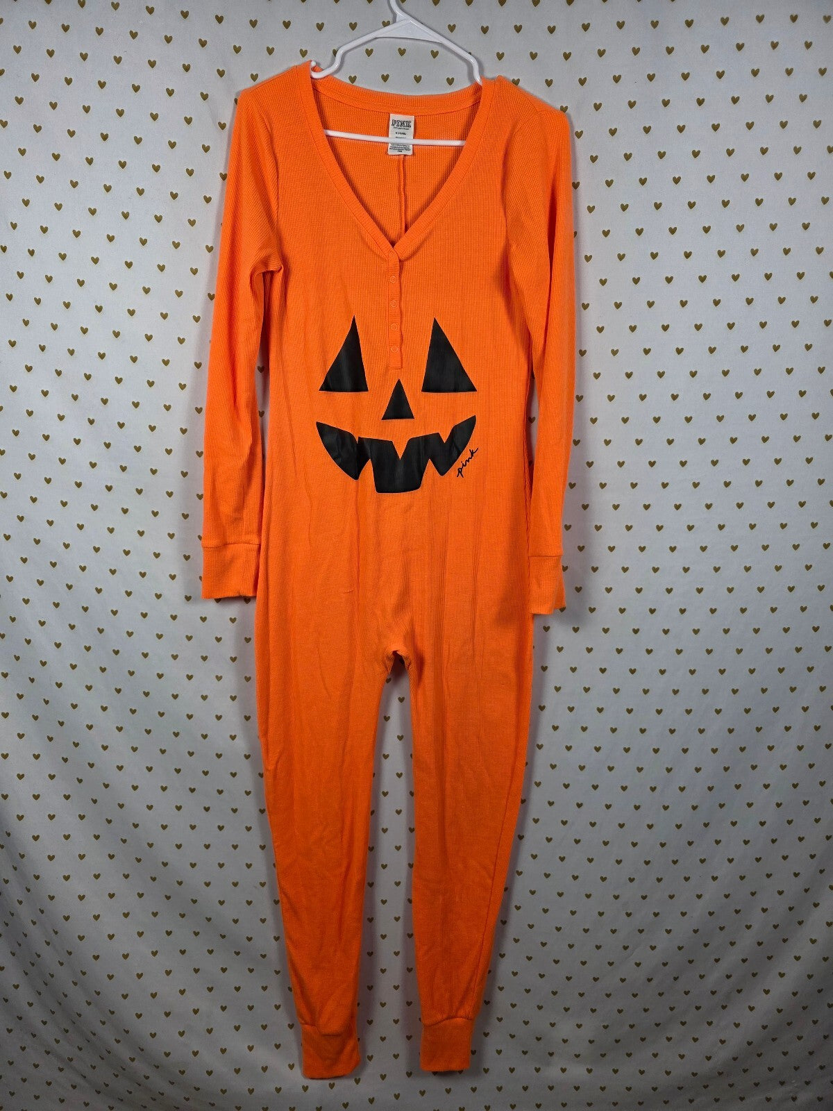 Victoria's Secret PINK Halloween Pumpkin Jack O Lantern Waffle Pajama Jumpsuit M