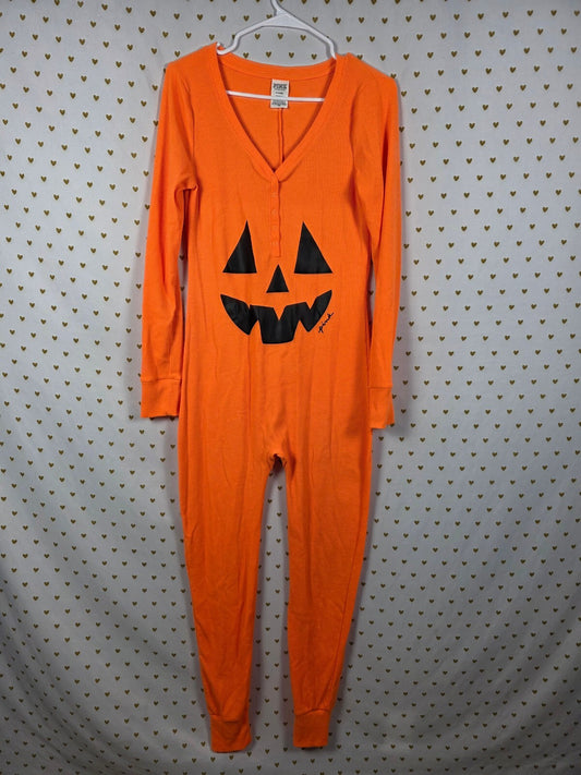 Victoria's Secret PINK Halloween Pumpkin Jack O Lantern Waffle Pajama Jumpsuit M