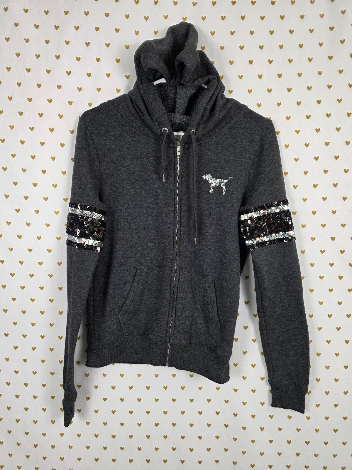 Victorias Secret Pink Bling Sequined Logo Full zip Hoodie Jacket Grey XS