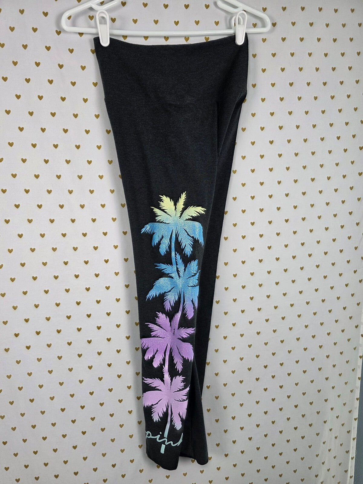Victorias Secret Pink BLING GLITTER PALM Hoodie Yoga Pants SET 2pc OUTFIT SM MED