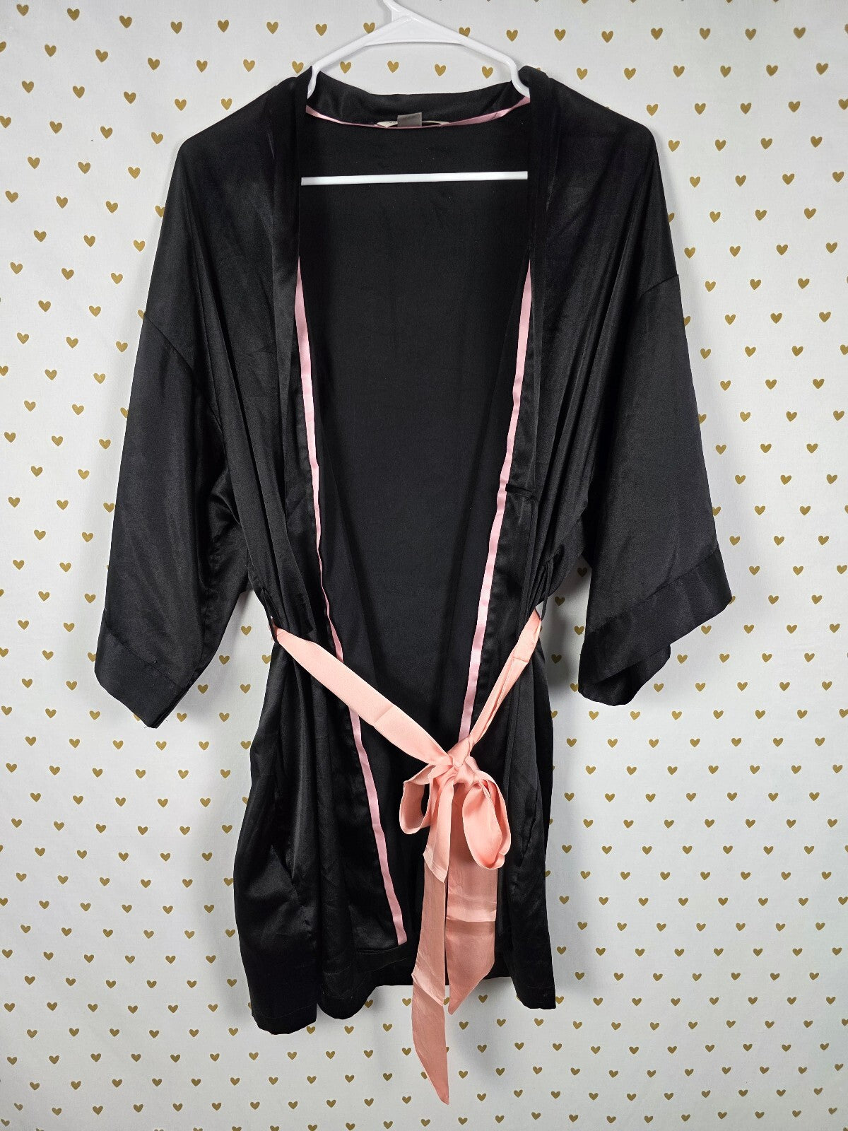Victorias Secret Satin Silky Robe Black Pink Lounge Kimono Wrap Small Med pocket