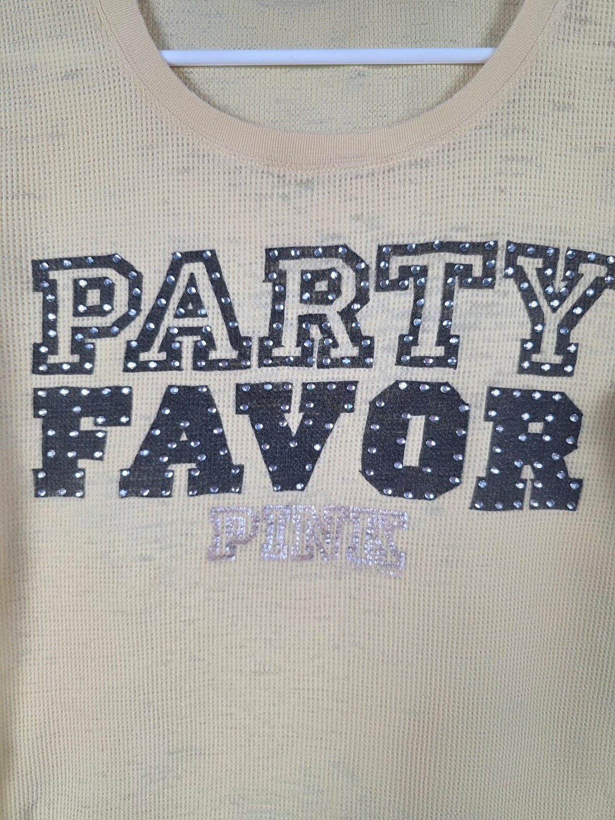 Victoria's Secret PINK Party Favor Thermal Shirt L Rhinestone BLING Yellow