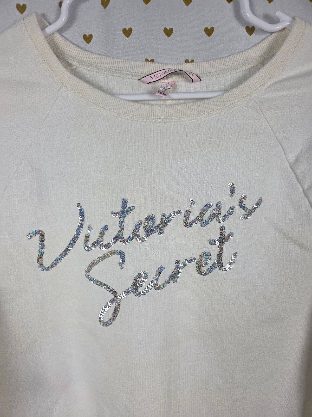 Victorias Secret BLING logo White Crew Sweater Shirt Silver sequined XS
