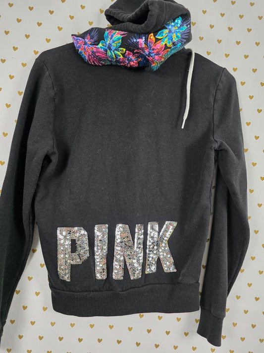 Victorias Secret Pink Bling Hibiscus Detail Hoodie Sequined Full zip Jacket XS