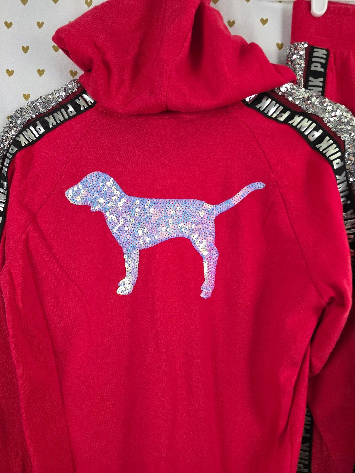 Victorias Secret Pink Red Mermaid Dog Bling Logo SET Hoodie Jacket Sweats XS SM