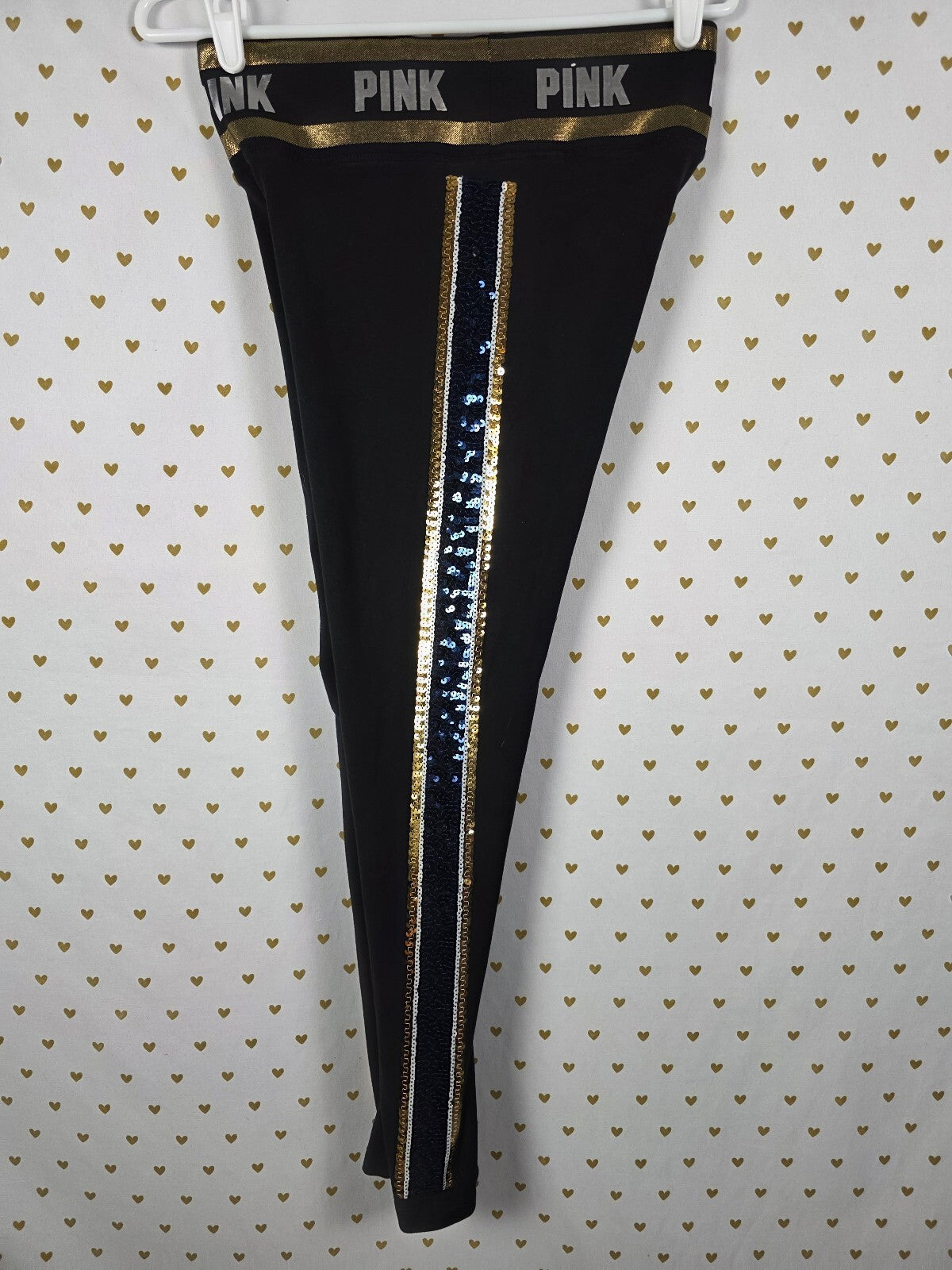Victorias Secret PINK BLING STRIPE Yoga Pants Sequin Gold Blue SMALL
