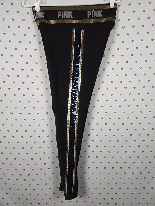 Victorias Secret PINK BLING STRIPE Yoga Pants Sequin Gold Blue SMALL