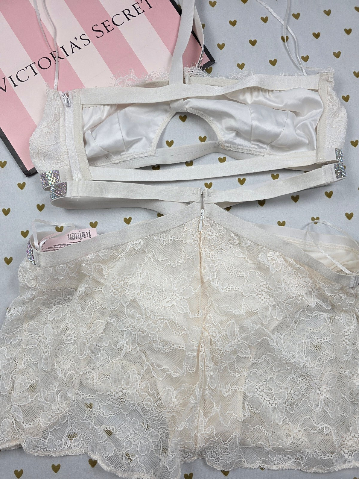 Victoria's Secret Shine Strap Lace Bralette Mini Skirt Set L Rhinestone BLING