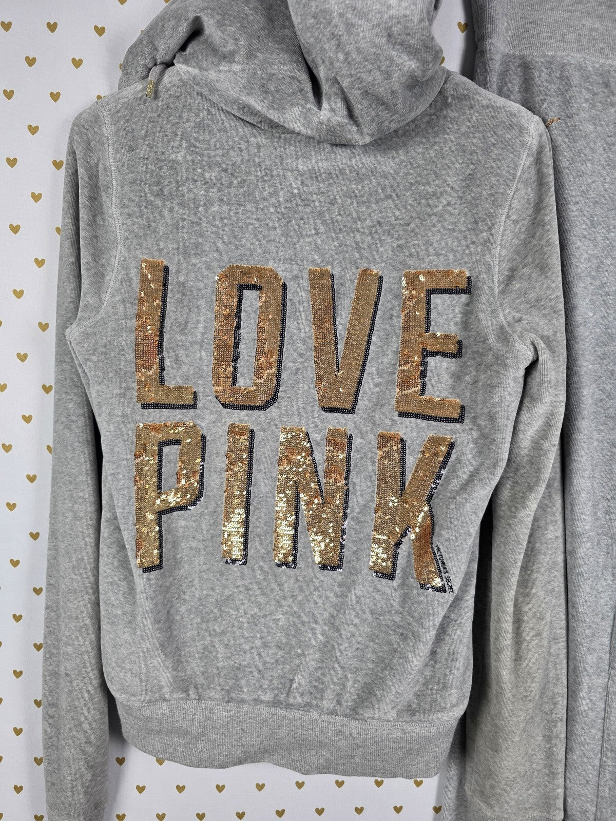 Victorias Secret Pink Fur Lined Bling Vintage Velour SET Hoodie Sweats XS S Grey