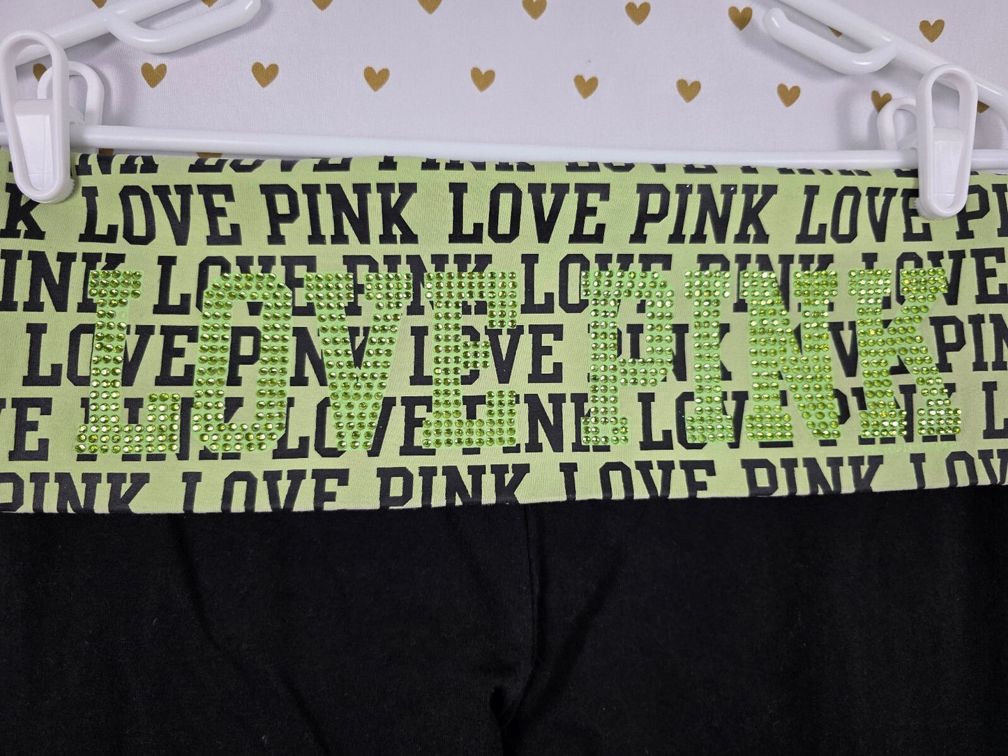 Victorias Secret PINK BLING LOVE Green FOLDOVER Vintage Yoga Pants Y2k L CAPRI